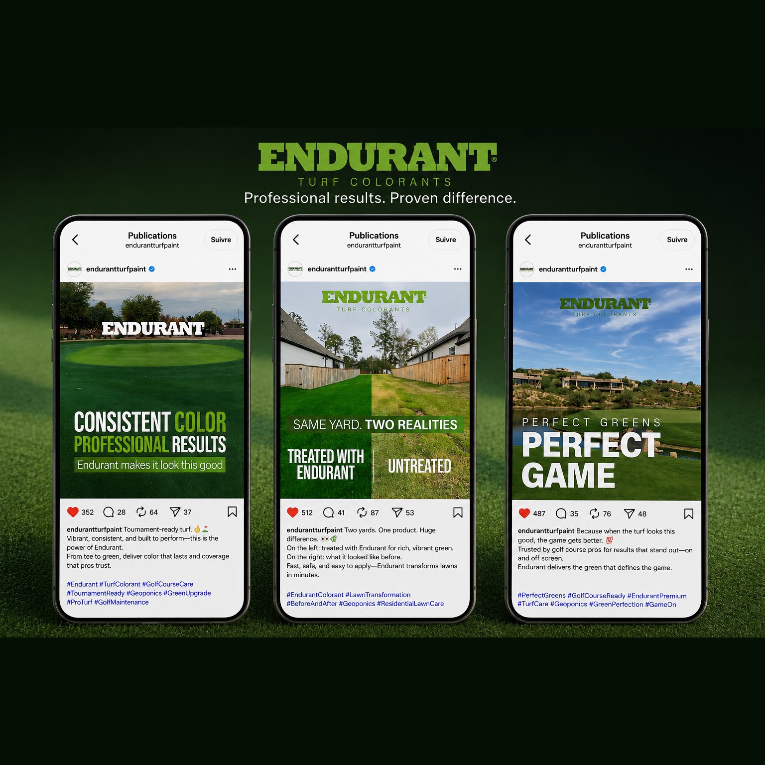 Geoponics Endurant Turf Colorants social campaign shown across three phones